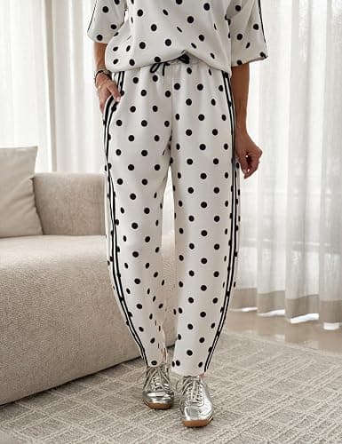 calbatic Women Polka Dot 2 Piece Lounge Set Short Sleeve T Shirt Side Striped Barrel Pants Travel Airport Outfits thumbnail 5