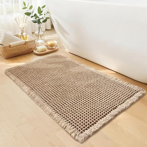 GRLYUH Waffle Bath Mat - Boho Bathroom Rugs Non Slip Washable, Super Absorbent & Quick Dry, Small Bath Mats Farmhouse Bathroom Decor, 18'' x 30'', Khaki - Image 1