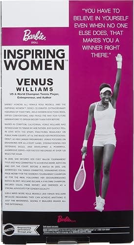 Barbie Inspiring Women Series, Venus Williams Fashion Doll with Signature Tennis Uniform and Racket, Includes Displayable Packaging thumbnail 6