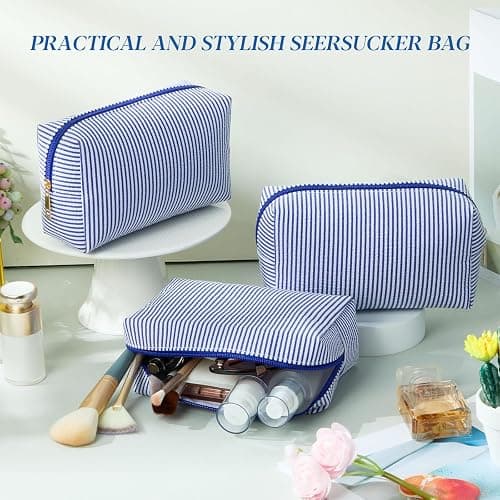 Sanwuta 6 Pcs Seersucker Cosmetic Bags Bulk Seersucker Makeup Bags Stripe Women Pouch Large Preppy Storage Pouch Toiletry Travel for Wedding Bridesmaid Bride Favor Back to Teacher Gift (Navy Blue) thumbnail 4