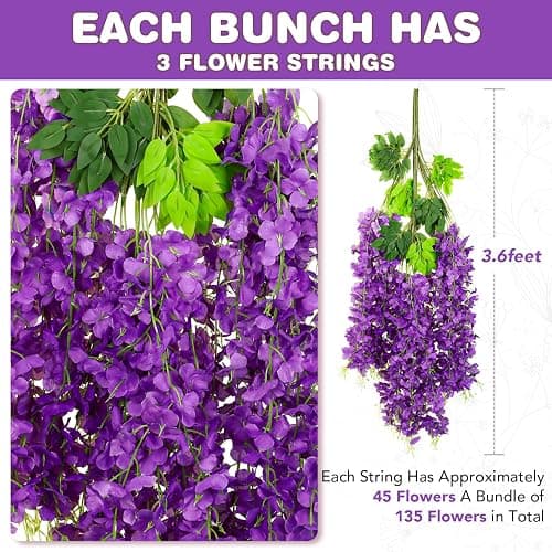 Alotiki Purple Wisteria Hanging Flowers, 50 Pack Fake Hanging Flowers | Artificial Flowers for Outdoors, Fake Flowers Garland for Backdrop, Home Garden Wedding Decor, Wisteria Garland Wedding Arch thumbnail 3