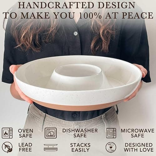 Mora Ceramic Chips and Dip Serving Tray: Large Divided Party Bowl Set for Chips & Salsa, Veggies & Dip, Fruit, Snacks, Entertaining, Hosting, etc. Minimalist Design for the Modern Hostess - White - Vanilla White thumbnail 4