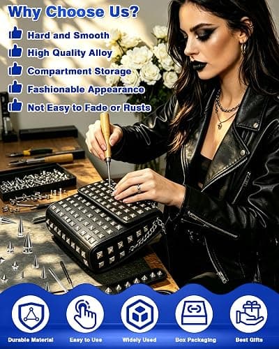 840Pcs FIVEIZERO Punk Studs and Spikes Kit for Leather Craft & Clothing | 12 Sizes Metal Spikes and Studs, Square Pyramid Studs & Round Dome Rivets, Durable & Easy to Install thumbnail 3