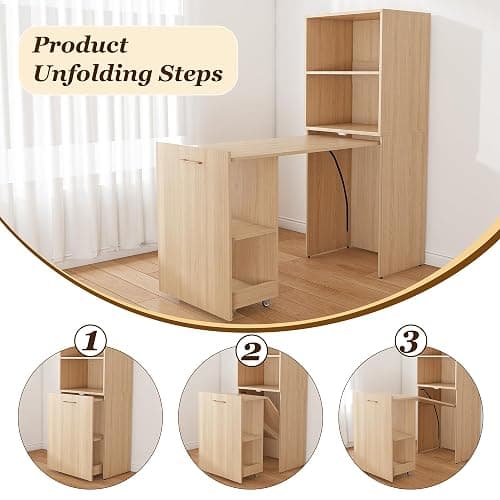 Folding Computer Desk with Wheels,Hideaway Desk with Storage Shelves, Murphy Desk for Small Apartments and Offices thumbnail 6