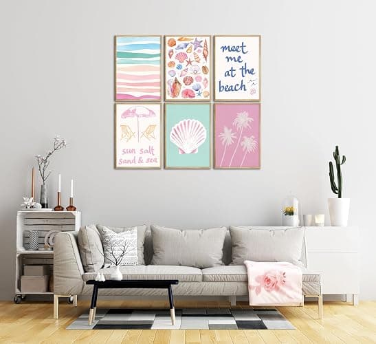6Pcs Pink Beach Preppy Canvas Wall Art Colorful Coastal Seashell Picture Wall Decor Seaside Beachy Palm Tree Aesthetic Posters Cute Summer Ocean Painting Print Artwork for Girls Bedroom Dorm Apartment thumbnail 8