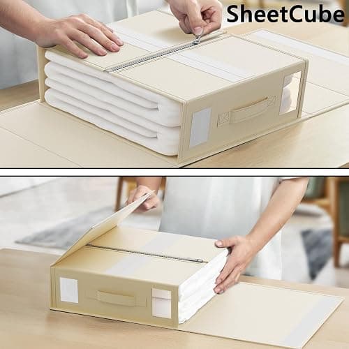 SheetCube Bed Sheet Organizers and Storage 6 Pack, Foldable Linen Closet Organizer with Window and Label, Bedding Folder Storage Box Container for Blanket, Duvet Cover Set, Bed Sheet Set - Beige thumbnail 6