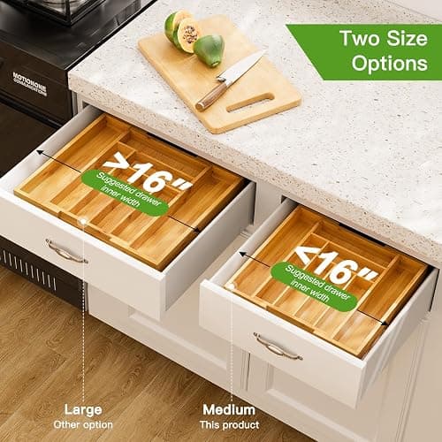 Pipishell Bamboo Expandable Drawer Organizer for Utensils Holder, Adjustable Cutlery Tray, Wood Drawer Dividers Organizer for Silverware, Flatware, Knives in Kitchen, Bedroom, Living Room(M-N) thumbnail 4