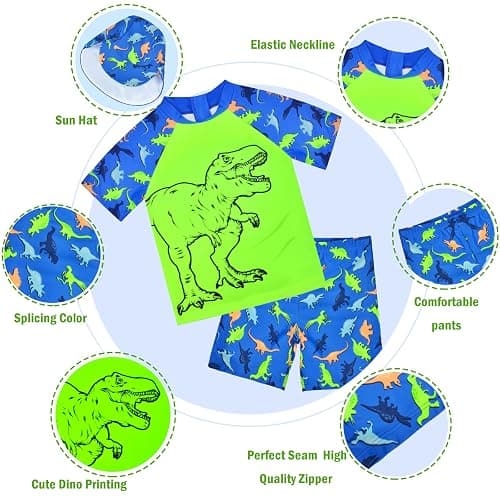 Boys Two Piece Rash Guard Swimsuits Kids Short Sleeve Swimwear Sets Bathing Suit with Sun Hat for 2-6 Years thumbnail 3