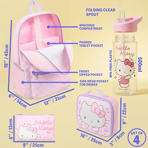 Get Trend Hello Kitty Sanrio Kids Backpack Set, 4 Pcs Large School Bag Rucksack with Pencil Case, Insulated Lunch Bag & 500ml BPA Free Water Bottle, School Supplies Gifts (Pink Hello Kitty) thumbnail 4