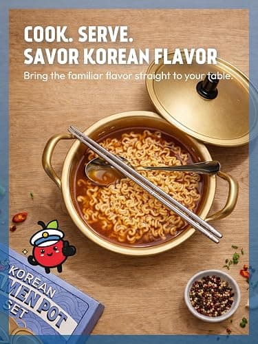Captain Cranberry Korean Ramen Pot Set (with Lid, 304 Stainless Steel Spoon & Chopsticks), Gold Korean Ramen Noodle Pot, 30.7oz/900ml, Double Handle, Fast Heating Stovetop Cooking Pot for Shin Ramyun thumbnail 4