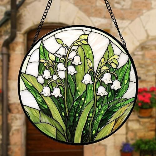DASTOLL Stained Glass Window Hanging, Lily of The Valley Flower Sun Catchers Colorful Glass Panel Green Plants Suncatcher Decor for Birthday for Women,Men,Wife, Lovers, and Mom 6.3 in - Green - 6.3x6.3 IN thumbnail 6