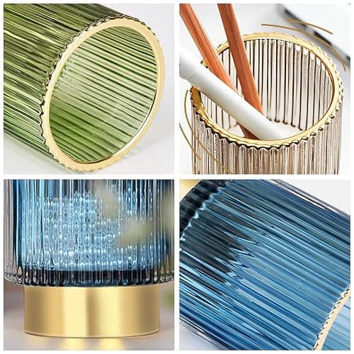DASITON Makeup Brush holder Organizer,Crystal Cosmetic Makeup Brush Glass Brushes Storage Holder, Vintage Make Up Brush Cup Pen Pencil Holder striped vase(Coffee S＋L) thumbnail 6