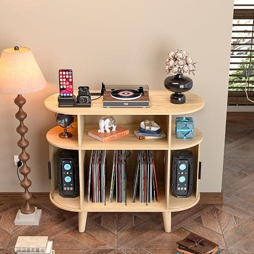 LUVIOHOME Large Round Record Player Stand with Charging Station & USB Ports，Record Storage Cabinet, Mid Century Modern Turntable Stand for Bedroom Living Room (Small Oak) thumbnail 7