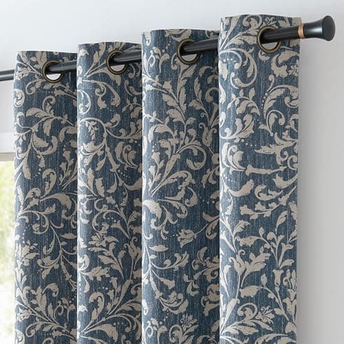 jinchan 80% Blackout Curtains for Living Room, Farmhouse Drapes with Scroll Floral Patterned for Bedroom, Extra Long Grommet Thermal Insulated Curtains, Vintage Drapes 108 inch Length 2 Panels Blue - Image 1