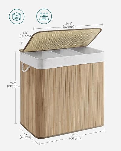 SONGMICS Laundry Basket with Lid, 150 L Bamboo, 3 Compartments | Laundry Hamper, Foldable, Removable and Machine Washable Liner Bag, for Laundry Room, Natural, RONEX Collection LCB091N01 thumbnail 8