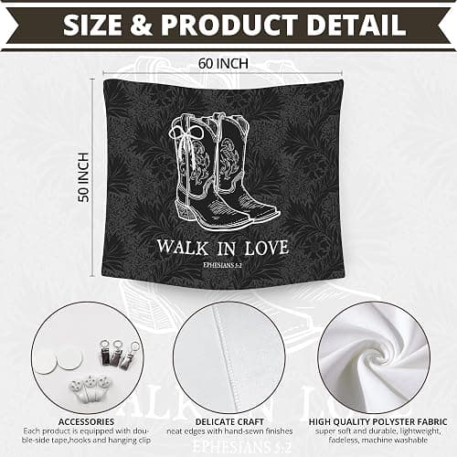WAITPI Christian Western Cowgirl Boots Bow Hanging Wall Tapestry for Girly Room Bedroom Decor, Black Walk in Love Trendy Walls Tapestry, Floral Wall Hanging for Teen Girls Dorm Y2k Room Decor 50x60in thumbnail 7