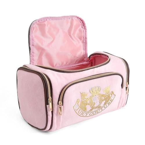 Juicy Couture Pink Makeup Bag Cosmetics Organizer Travel Essentials Duffel Velour Gold Terrier Dog Rhinestone Crown thumbnail 4