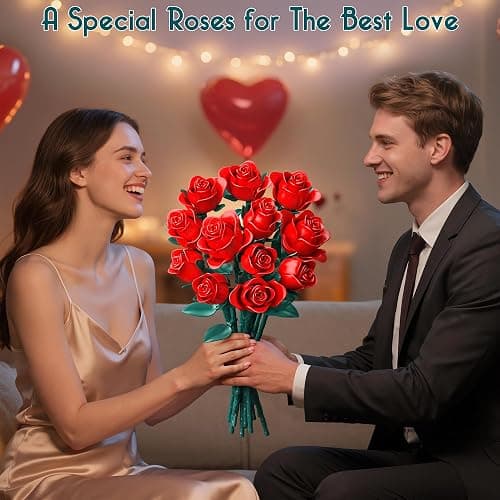 Kit de Construction Bouquet de Fleurs, 634 Pcs 12 Roses Rouges Décoratives pour Bureau ou Maison, Cadeaux pour Noël Enfants, Saint-Valentin pour Homme ou Femme, Adultes, Fête des Mères thumbnail 4