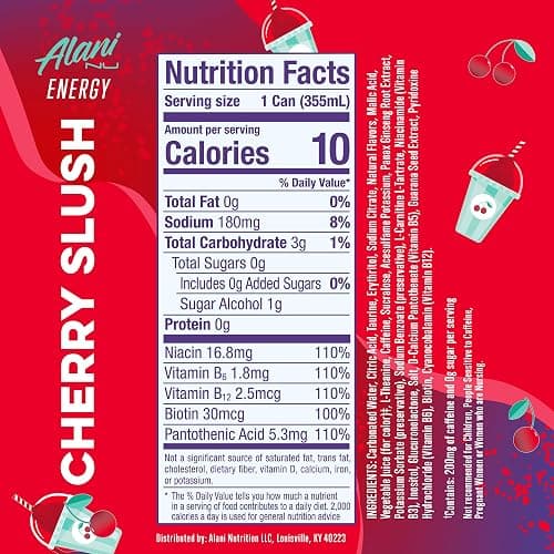 Alani Nu CHERRY SLUSH, Sugar Free, Low Calorie Energy Drinks, 200mg Caffeine, Biotin, B Vitamins, Zero Sugar, 10 Calories, 12 Fl Oz Cans, 24 Pack thumbnail 2
