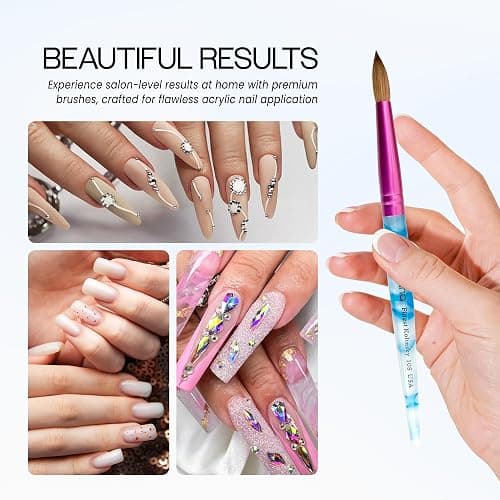 PANA USA Acrylic Nail Brush Pure Kolinsky Hair Acrylic White Swirl Blue Handle with Pink Ferrule Round Shaped - Size 10 thumbnail 4