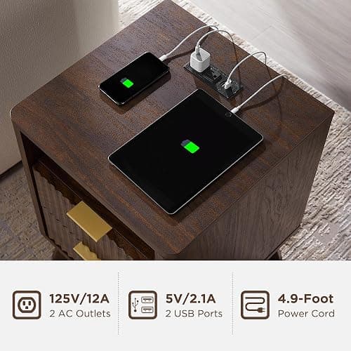 T4TREAM Fluted Nightstand with Charging Station, 18" Modern Side Table, 2 Drawers End Table with Storage, Bedside Table for Bedroom, Living Room, Curved Profile Design, Dark Walnut thumbnail 4