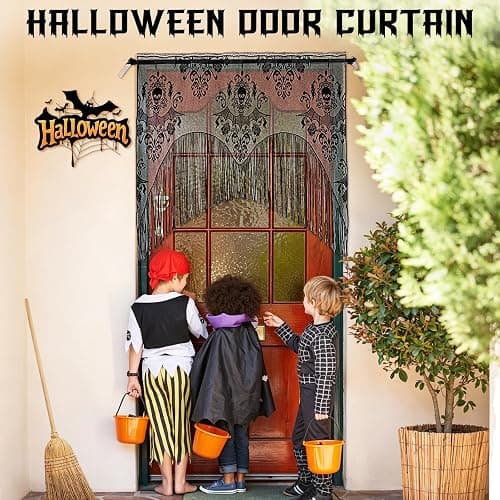ZeeDix 2 Pcs Halloween Lace Curtains Black Skull Tassel Window Door Curtain | 2 Pcs Black Lace Skull Curtains For Halloween Window, Door, Mantel & Wall, Great For Halloween Party Decor, Party Supplies thumbnail 6