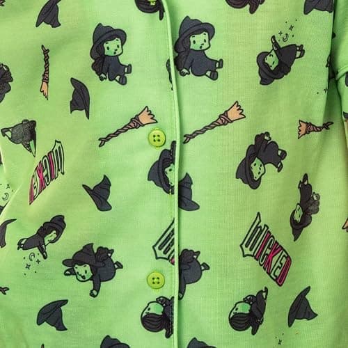 INTIMO Wicked Girls’ Elphaba Pajamas Chibi Broom Hat Button-Up Shirt Pajama Set for Kids thumbnail 3