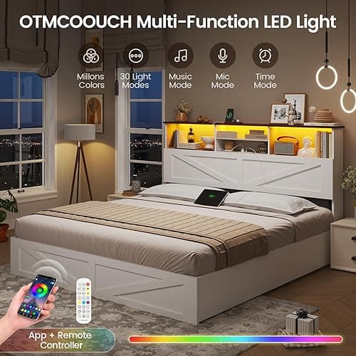 AOGLLATI Farmhouse Queen Bed Frame with 4 Storage Drawers and Led Lights, Wooden Bed Frame Queen Size with Hidden Space Bookcase Headboard and Led Lights & Metal Slats, White thumbnail 4