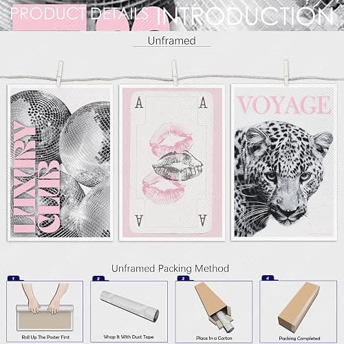 3Pcs Pink Lip Prints Poker Canvas Wall Art，Trendy Disco Ball Poster Print, Black And White Cheetah Wall Decor For Girly Room Apartment Dorm 8X12 in Unframed-Canvas Rolled Up thumbnail 3