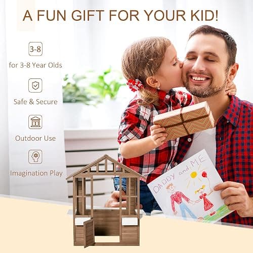 Outsunny Kids Outdoor Playhouse, Wooden Cottage with Door & Windows, Brown | Flower pot holder and boxes, garden games cottage for ages 3-8 thumbnail 4