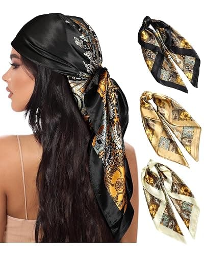 AWAYTR 35” Large Square Satin Head Scarf - 3Pcs Satin Hair Scarves Silk Bandana Scarf Headscarf Silk Feeling Scarf for Women - Image 1