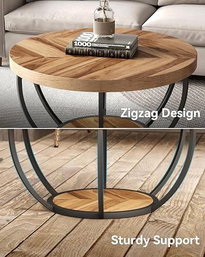 LITTLE TREE Round Coffee Table, 32" Circle Coffee Table for Living Room, 2-Tier Wood Accent Center Table with Open Storage Industrial Design Home Furniture (Wood Grain and Black) thumbnail 6