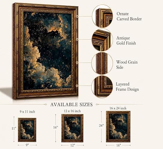 Vintage Gold Framed Moody Celestial Canvas Wall Art Retro Cloud Abstract Night Sky Stars Art Painting Picture Wall Decor Maximalist Gothic Poster Print Artwork for Living Room Bedroom thumbnail 2