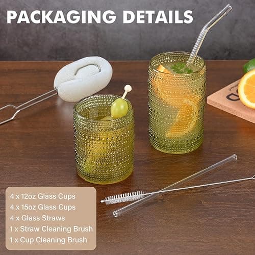 ZMOWIPDL Vintage Hobnail Drinking Glasses Set of 8,Green 12 oz & 15oz Highball Glass Cups, Kitchen Drinkware Glassware,Embossed Water Tumbler,for Beer,Cocktail,Whiskey,Juice and Various Mixed Drinks thumbnail 5