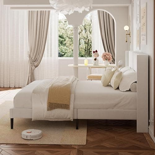 HAOARA Queen Size Velvet Bed Frame with Vertical Chanel Tufted Headboard and Wingback, Upholstered Platform Bed, No Box Spring Needed, Strong Wooden Slats, White thumbnail 8