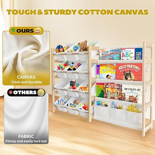 EXPERLAM Toy Storage Organizer with Bookshelf - 12 Storage Bins 4-Tier Multipurpose Shelf to Organize Toys and Books for Kids Room, Playroom, Nursery Room, White - White thumbnail 5