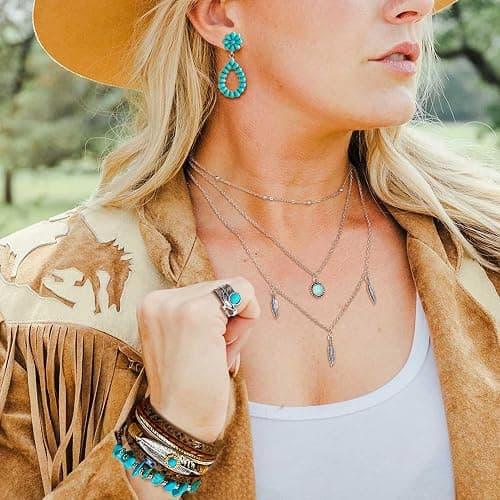 FEYIR Bohemian Turquoise Jewelry Set for Women Boho Turquoise Layered Necklace Bracelet Western Belt Stackable Ring Earrings Western Jewelry Accessories thumbnail 6