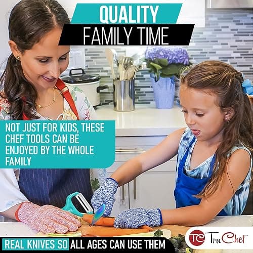TruChef 5-Piece Kids Cooking Chef Knife Set | Real Stainless Steel Knives with Peeler, Serrated Knife & Holder | Kids Safe Rounded Tips, Easy-Grip Handles | Kitchen Knife Set (5 pcs, Aqua) thumbnail 3
