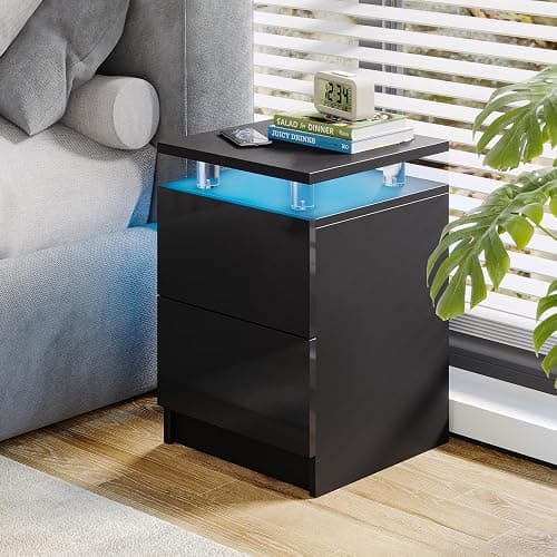 Nordivale 15" Black Nightstand Set of 2 with LED Lights, Modern Bedside Tables for Bedroom, Nightstands with 2 Storage Drawers, 15 Inch Sturdy Storage End Tables, Black thumbnail 4