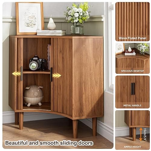Fluted Corner Cabinet, Small Corner Floor Cabinet with Sliding Doors and Adjustable Shelves, Modern Wooden Freestanding Narrow Storage Organizer for Small Space,Living Room, Dining Room, Bathroom thumbnail 4