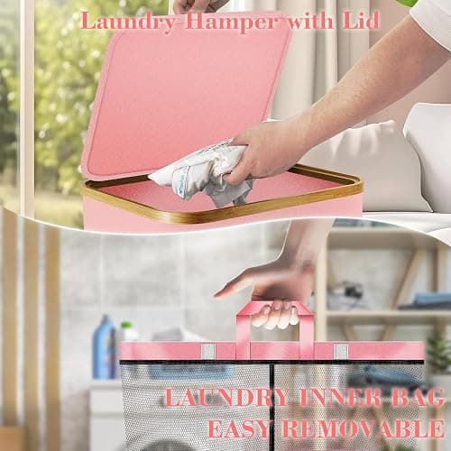 Laundry Hamper with Wheels,20 Gal (75L) Laundry Basket with lid Rolling Clothes Hamper Foldable Dirty Clothes Basket on wheels with Bamboo Frame and Bag for Bedroom, Dorm, Laundry Room-Pink thumbnail 5