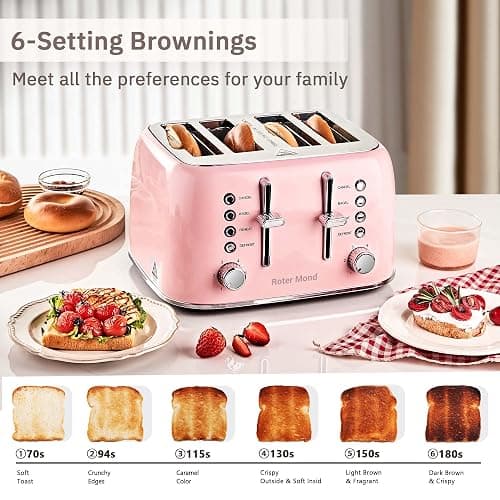 Roter Mond Toaster 4 Slice Retro Stainless Steel with Extra Wide Slots Bagel, Defrost, Reheat Function, Dual Independent Control Panel, Removable Crumb Tray, 6 Browning Levels, Pink thumbnail 3