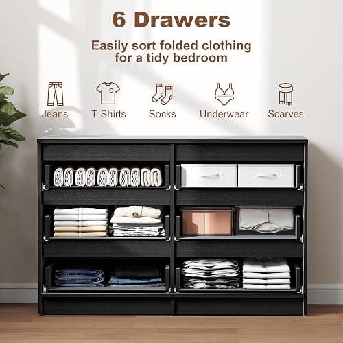 HOMCOM 6 Drawer Dresser for Bedroom, Wide Chest of Drawers, Modern Clothes Storage Organizer for Living Room, Hallway, Black thumbnail 4