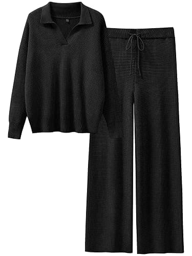 ANRABESS Women Two Piece Outfits Sweater Sets Lounge Waffle Knit Pullover Matching Wide Leg Pants Tracksuit 2025 Fall Fashion - Image 1