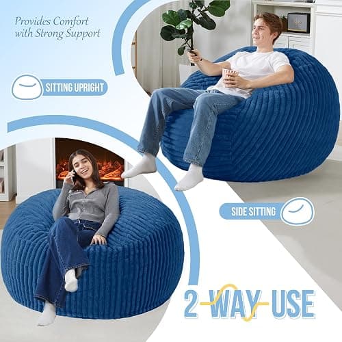 Homguava 4 FT Bean Bag Chair,4' Big Bean Bag,Large Bean Bag Chairs for Adults with Memory Foam Filled,Comfy Beanbag Chairs Soft Bean Bag Sofa with Dutch Corded Plush Cover-Blue thumbnail 5