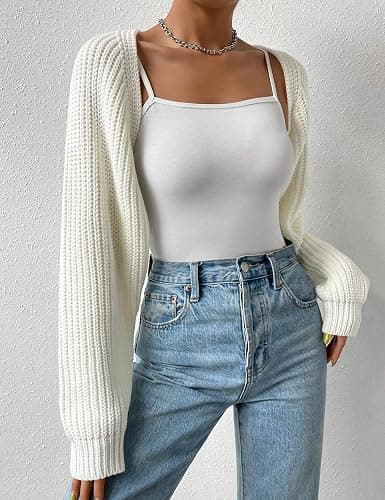 SECRETEYARD Women's Long Sleeve Open Front Knitted Crop Cardigan Drop Shoulder Knit Bolero Shrug Sweater thumbnail 3