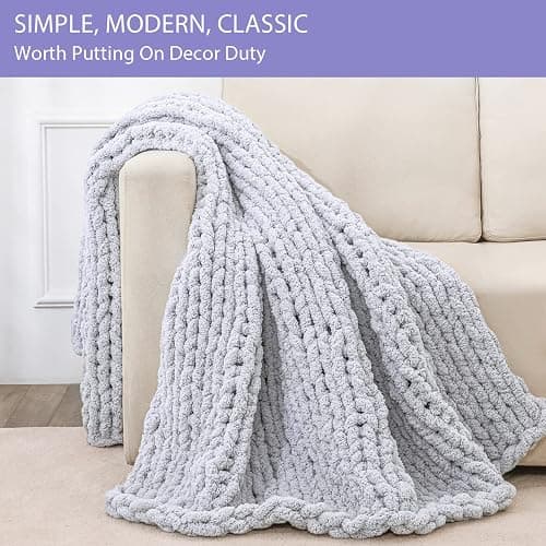 Bigacogo Chunky Knit Throw Blanket for Couch, 40x60 inches, 100% Hand Knitted with Thick Jumbo Chenille Yarn, Cozy Soft Large Rope Knot Cable Crochet Blankets for Sofa Bed Living Room, Light Grey thumbnail 4