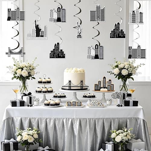 Cheerupp 24 Pcs Black New York City Theme Hanging Swirls Decorations | Black NYC Skyline Design, City Skyline Ceiling Streamers, Black Foil Spiral, Need Assembly, for Birthday Baby Shower Party thumbnail 2