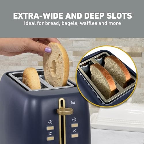 West Bend Timeless 2-Slice Toaster with 7 Browning Levels, Bagel/Waffle/Defrost Settings, High-Lift Lever, Anti-Jam, Easy-Clean Crumb Tray, 2-Slice, Blue/Gold thumbnail 5