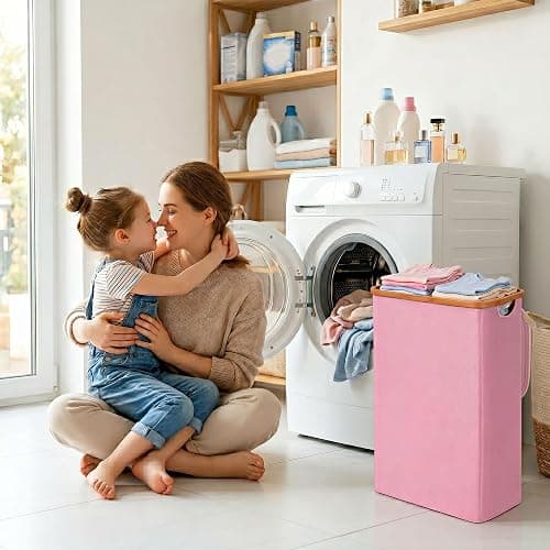 iEGrow 65L Slim Laundry Hamper, Narrow Laundry Basket with Lid,Foldable Clothes Hamper with Bamboo Handles,Hamper Basket with Removable Inner Bag for Laundry Room Bedroom College Dorm,17.17 Gals Pink thumbnail 6
